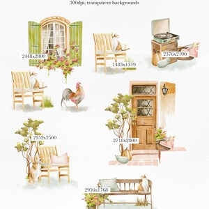 Puede incluir: Un conjunto de 18 ilustraciones de acuarela que presentan una variedad de escenas encantadoras, que incluyen un gallo, un gato sentado en un banco, una puerta con una corona y una ventana con contraventanas verdes. Las ilustraciones son perfectas para agregar un toque de encanto r&uacute;stico a tus proyectos.
