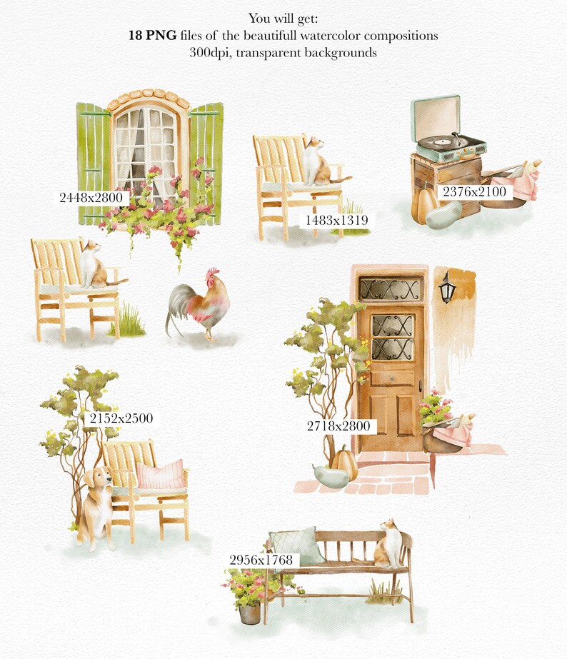 Puede incluir: Un conjunto de 18 ilustraciones de acuarela que presentan una variedad de escenas encantadoras, que incluyen un gallo, un gato sentado en un banco, una puerta con una corona y una ventana con contraventanas verdes. Las ilustraciones son perfectas para agregar un toque de encanto r&uacute;stico a tus proyectos.