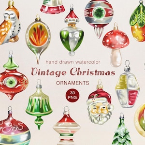 Vintage Christmas Ornaments Watercolor Clipart | Retro Christmas Clipart | Hand-Drawn Elements | Retro Holiday Decorations