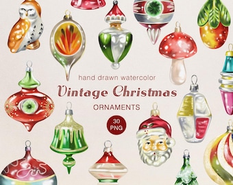 Watercolor Vintage Christmas Ornaments Clipart | Retro Holiday PNG (Digital Download)