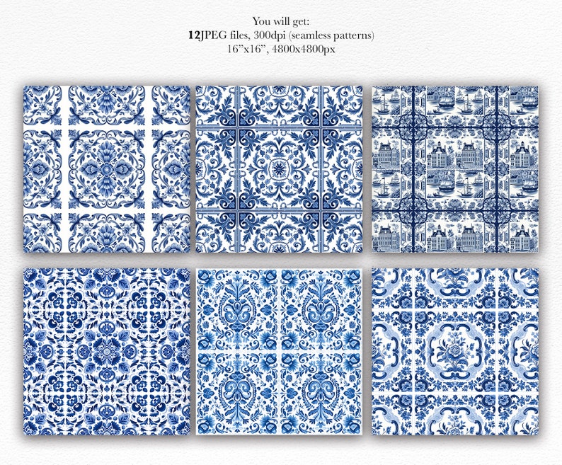 Delft Blue Dutch Tiles Paper set, Dutch Delight, Amsterdam blue patterns, Vintage Delft Tile Design, Kitchen prints, Holland fabric decor image 3