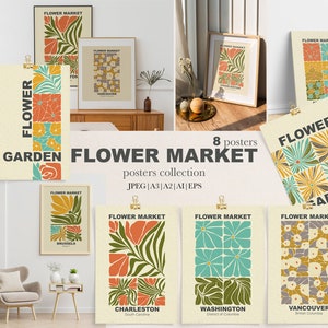 Flower Market Print, Set of 8, Abstract Botanical Wall Art, Floral Drawing Posters, Floral Wall Art Set, Charleston, Washington, Vancouver