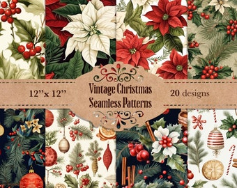 Vintage Christmas SEAMLESS Patterns, Vintage Christmas wrapping, Digital Seamless Papers, Scrapbooking, Printable Prints, 20 designs pack