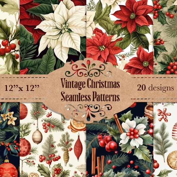 Vintage Christmas SEAMLESS Patterns, Vintage Christmas wrapping, Digital Seamless Papers, Scrapbooking, Printable Prints, 20 designs pack