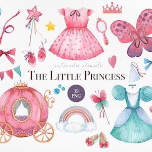 Princess Watercolor Clipart Set – Hand-Painted Fairy Tale Illustrations – Royal Princess Dresses, Ballerinas, and Crowns - Party Clipart