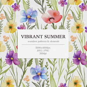 Watercolor Summer Floral Patterns – 10 Meadow Flowers + 7 Seamless JPEGs – Wedding, Stationery & Fabric Clipart Set