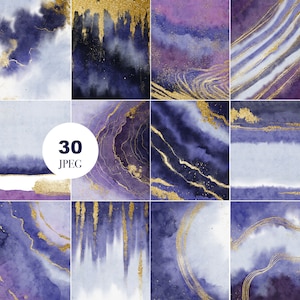 Purple & Gold watercolor backgrounds, Digital watercolor paper set, Abstract Purple Watercolor splashes, Vibrant Watercolor textures, JPEG