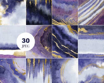 Purple Gold Watercolor Backgrounds – Elegant Digital Papers, Abstract Textures, Scrapbooking & Invitation Design
