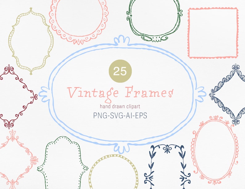 Hand-drawn vintage frames clipart set with 25 unique ornate borders. Includes PNG, SVG, AI, and EPS formats for digital scrapbooking, invitations, and design projects.