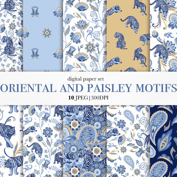 Paisley Digital Paper Set, Bandana Muster, Orientalische Blumenmotive, Chinesische Tiger Muster, Paisley Textur, Paisley Hintergrund, Blauer Tiger