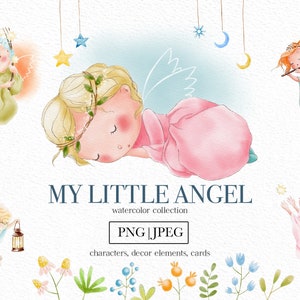 Engel Aquarell Clipart, Mädchen Charaktere, Aquarell Clipart, dekorative Elemente, Logo, Grußkarten, druckbare Poster, Kinderzimmer