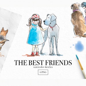 Mädchen und Hunde Clip Art, Kinder Charaktere, Hunde Aquarell, kleine Mädchen Aquarell, Kinder und Hunde, Aquarell Skizzen, Aquarellkunst