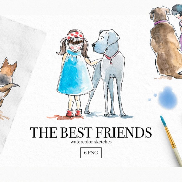 Girls and Dogs clip art , Kids Characters, Dogs Watercolor, Little Baby girls watercolor, kids and dogs, watercolor sketches, watercolor art