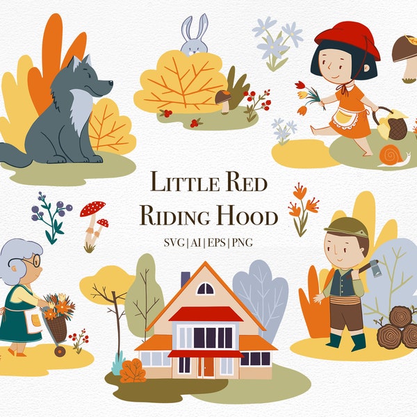 Little Red Riding Hood vector clipart, Woodland animals, Kids story clipart,Fairy tale graphics, Ai EPS SVG PNG