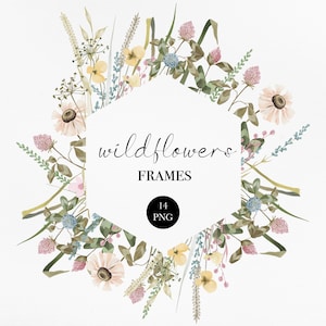 Wildflowers Frames, Floral Clipart,  Meadow Flowers Frames Border Clip Art, Spring Summer Meadow Flowers, Wedding flowers clipart, PNG