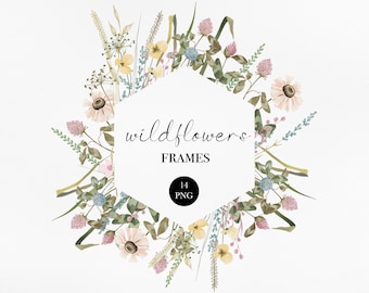 Wildflowers Frames, Floral Clipart,  Meadow Flowers Frames Border Clip Art, Spring Summer Meadow Flowers, Wedding flowers clipart, PNG