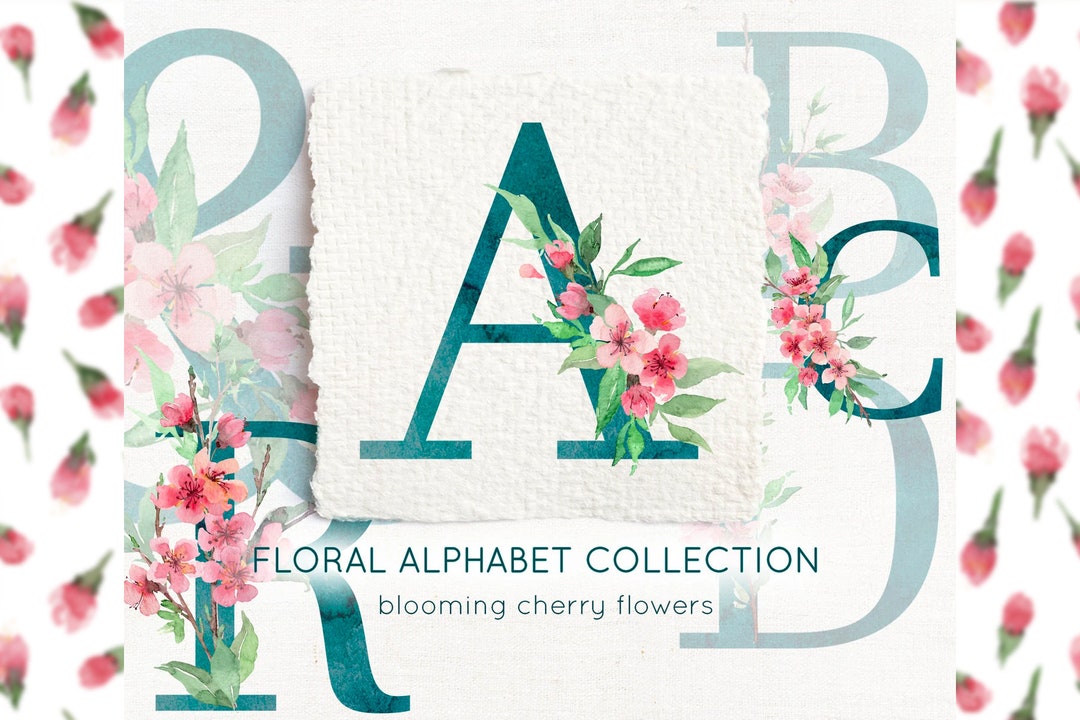 Cherry Blossom Floral Alphabet Clipart, Watercolor Letters (PNG, 300dpi ...