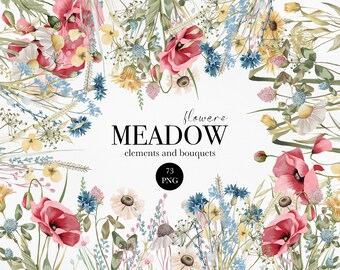 Watercolor Meadow Flower Clipart, Bouquet Arrangements (Digital Download)