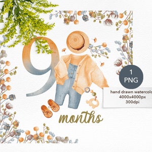 9 nueve meses Métricas de imágenes prediseñadas del aniversario del bebé, Imágenes prediseñadas de baby shower con número, flores y juguetes boho, Imagen de hito del bebé para recién nacido