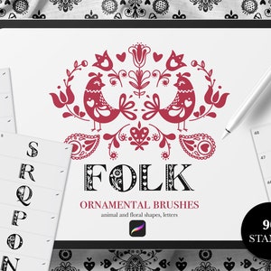 90 carimbos de ornamentos folclóricos Procreate, carimbos de animais Procreate, carimbos de letras Procreate, carimbos de ornamentos florais Procreate, pincéis de letras
