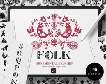 90 Procreate Folk Ornament Stamps, Animal Procreate Stamps, Procreate Letter Stamps, Procreate Floral Ornament Stamps, Lettering brushes