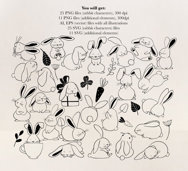 Rabbit Clipart Set – Hand Drawn Bunny Outline Pngs, Svgs (digital ...