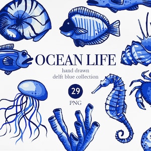 Imágenes prediseñadas de vida submarina del océano, imágenes prediseñadas de vida marina, imágenes prediseñadas náuticas de Delft Blue, arte marino holandés, animales y plantas submarinas, costeras, PNG