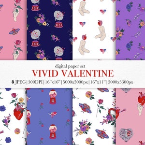 Valentine's Day Digital Paper set - Valentine patterns - Vivid Valentine Patterns - Valentine symbols pattern - Flowers, Hearts backgrounds