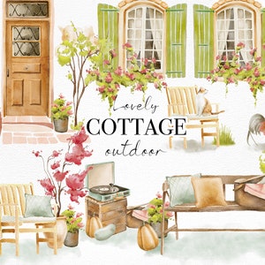 Watercolor Cottage Outdoor clipart, Watercolor Country clipart, Domestic Animals, Cozy Home, Farmhouse clipart, Vintage Vinyl player, Picnic