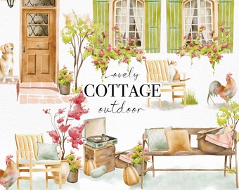 Watercolor Cottage Outdoor clipart, Watercolor Country clipart, Domestic Animals, Cozy Home, Farmhouse clipart, Vintage Vinyl player, Picnic