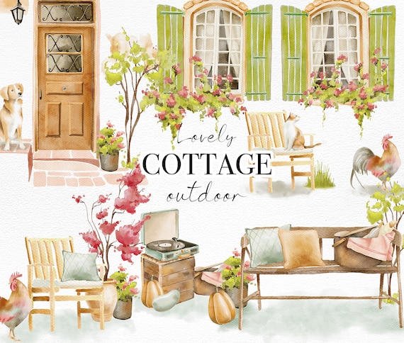 Watercolor Cottage Clipart, Farm Animals, Picnic, Cozy Home (PNG Files)