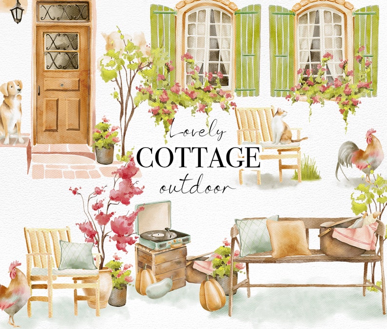 Puede incluir: Ilustraci&oacute;n de acuarela de una caba&ntilde;a con una puerta marr&oacute;n, dos ventanas con contraventanas verdes, un banco con un gato sentado en &eacute;l, un gallo, un tocadiscos y una variedad de plantas y flores. El texto "Lovely Cottage Outdoor" est&aacute; escrito en letras negras.