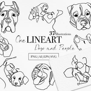Dogs and People Line Art drawings, Dogs characters, People clipart, Vector dogs, Dogs sketch, one line dogs, Abstract people and dogs, SVG