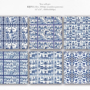 Delft Blue Dutch Tiles Paper set, Dutch Delight, Amsterdam blue patterns, Vintage Delft Tile Design, Kitchen prints, Holland fabric decor image 2