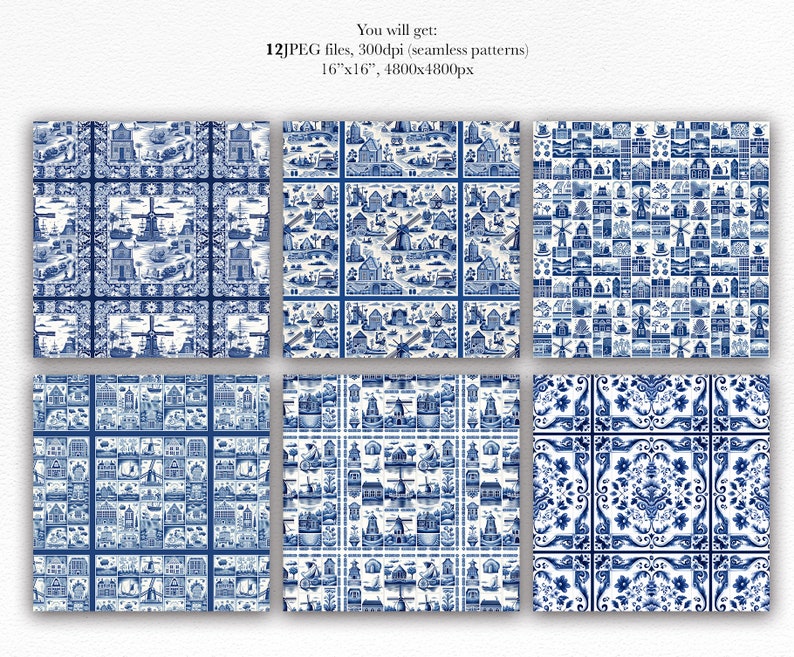 Delft Blue Dutch Tiles Paper set, Dutch Delight, Amsterdam blue patterns, Vintage Delft Tile Design, Kitchen prints, Holland fabric decor image 2