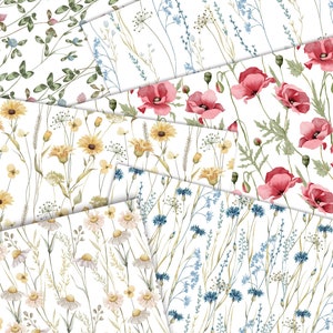 K&ouml;nnte beinhalten: Eine Sammlung von sechs verschiedenen Blumenmustern mit verschiedenen Blumen, darunter G&auml;nsebl&uuml;mchen, Mohnblumen und Wildblumen. Die Muster sind alle auf wei&szlig;em Hintergrund und perfekt f&uuml;r Basteln, Scrapbooking oder andere kreative Projekte.