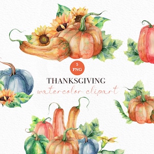 Pumpkins and Flowers Watercolor Autumn Clipart, Autumn Bouquets, Fall Pumpkin Clipart Bundle, Pumpkin PNG, Sunflowers, Thanksgiving Day