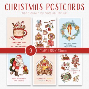 Illustrated Christmas Postcards - Hand Drawn Printable Holiday Card Collection - Christmas Clipart - Digital Christmas Postcards Set