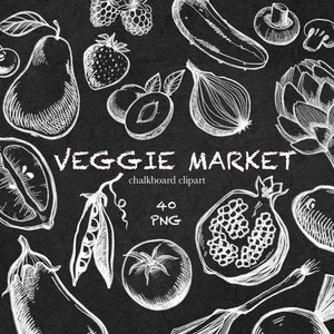 Veggie Market Chalkboard Clipart - Bundle for Vegetables and Fruits - Chalk Textures and Blackboard - Chalk Clipart - 40 PNG Graphics