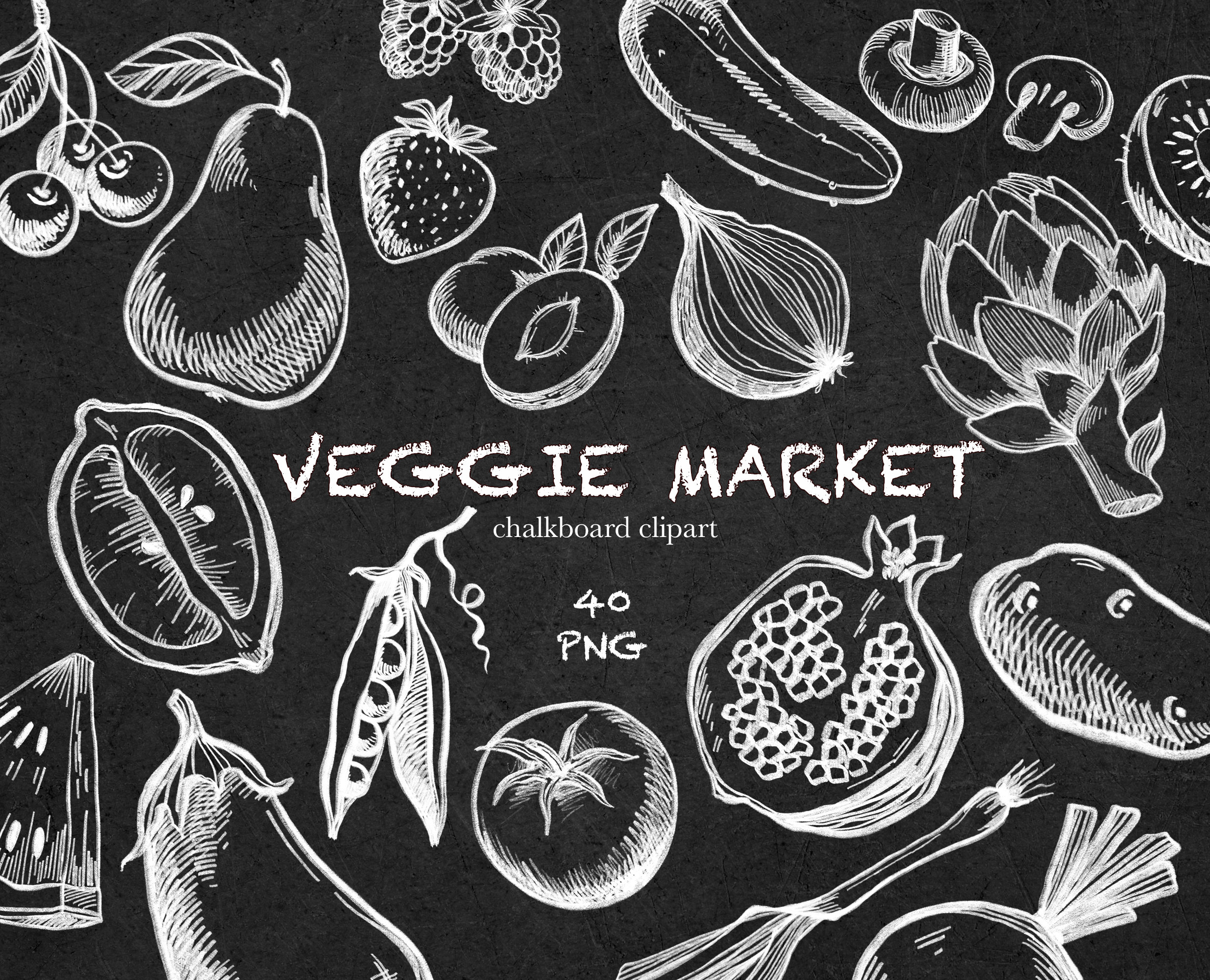 Chalkboard Fruit \u0026 Veggie Clipart – 40 PNG Graphics (digital Download) -  Etsy, image size:2469x2000