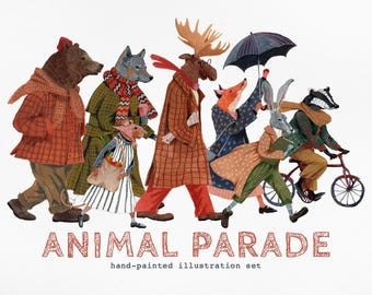 Animal Parade Clipart | Vintage Whimsical PNG Illustrations (Digital Download)