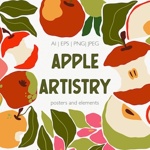 Vector Apple clipart. Apples fruits, green leaves, apple blooming. Fruit Market posters. Apple Market Hand Drawn clipart EPS PNG JPEG