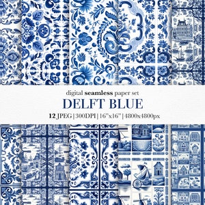 Delft Blue Dutch Tiles Paper set, Dutch Delight, Amsterdam blue patterns, Vintage Delft Tile Design, Kitchen prints, Holland fabric decor image 1