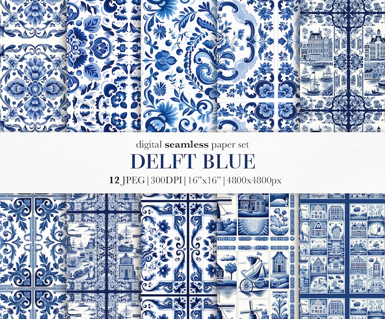 Delft Blue Dutch Tiles Paper set, Dutch Delight, Amsterdam blue patterns, Vintage Delft Tile Design, Kitchen prints, Holland fabric decor image 1