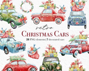 Retro Christmas Car Clipart – Holiday Truck PNG Graphics (Digital Download)