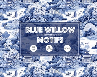 Blue Willow SEAMLESS Patterns, China Motifs Digital Papers Download, Scrapbooking, Printable Prints, Chinoiserie digital seamless papers