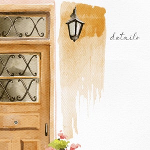 Puede incluir: Una pintura de acuarela de una puerta de madera marr&oacute;n con una ventana encima. La puerta tiene una reja de hierro decorativa y una peque&ntilde;a manija de puerta de lat&oacute;n. La ventana tiene una reja de hierro similar. Hay una peque&ntilde;a linterna colgada en la pared a la derecha de la puerta. La pared est&aacute; pintada en una acuarela de color marr&oacute;n claro. El texto "details" est&aacute; escrito en tinta negra en la pared.