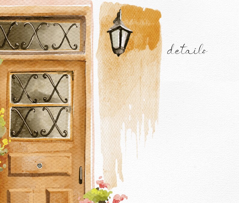 Puede incluir: Una pintura de acuarela de una puerta de madera marr&oacute;n con una ventana encima. La puerta tiene una reja de hierro decorativa y una peque&ntilde;a manija de puerta de lat&oacute;n. La ventana tiene una reja de hierro similar. Hay una peque&ntilde;a linterna colgada en la pared a la derecha de la puerta. La pared est&aacute; pintada en una acuarela de color marr&oacute;n claro. El texto "details" est&aacute; escrito en tinta negra en la pared.