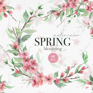 Spring blooming watercolor floral clipart,  Floral arrangements, Cherry blossom clipart, Spring garden flowers, Greenery watercolor branches