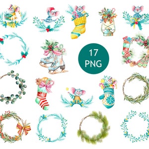 Watercolor Christmas Clipart, Winter clip art, Christmas wreaths, Watercolor mice, Christmas decoration compositions, socks, mittens, PNG